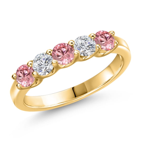 Gem Stone King 18K Yellow Gold Plated Silver Pink and White Lab Grown Diamond Wedding-Bands Ring for Women | 0.88 Cttw | Round 3.5MM | Gemstone April Birthstone | Size 6