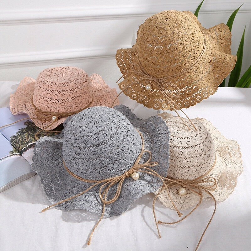 1pcs Sunhat Beautiful Lace Decor Bow Sun Cap Makeup Cap for Outdoor Beach Girl Travel Kid Children Girls,A