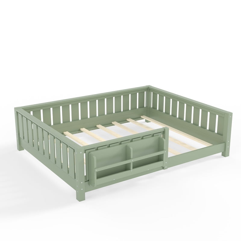 URTR Full Size Montessori Floor Bed with Storage Bookshelf and High-Quality Safety Guardrail, Wooden Full Floor Bed Frame, Wooden Platform Bed, Low Profile Full Bed with Fence and Headboard, Green