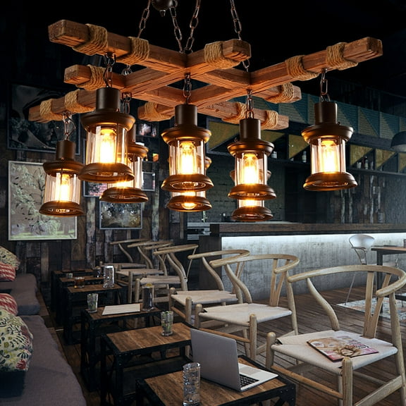 8-Light Rustic Country Chandelier Wood Pendant Lamp Industrial Ceiling Fixture 110-120V E27 for Homes, Bookstores, Bars, Restaurants