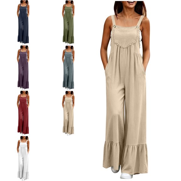 MLCDZ Women's Cotton Linen Casual Loose Lace Splice Overalls Summer Sling Round Neck Jumpsuit Baggy Wide Leg Ruffle Pants Rompers with Pockets