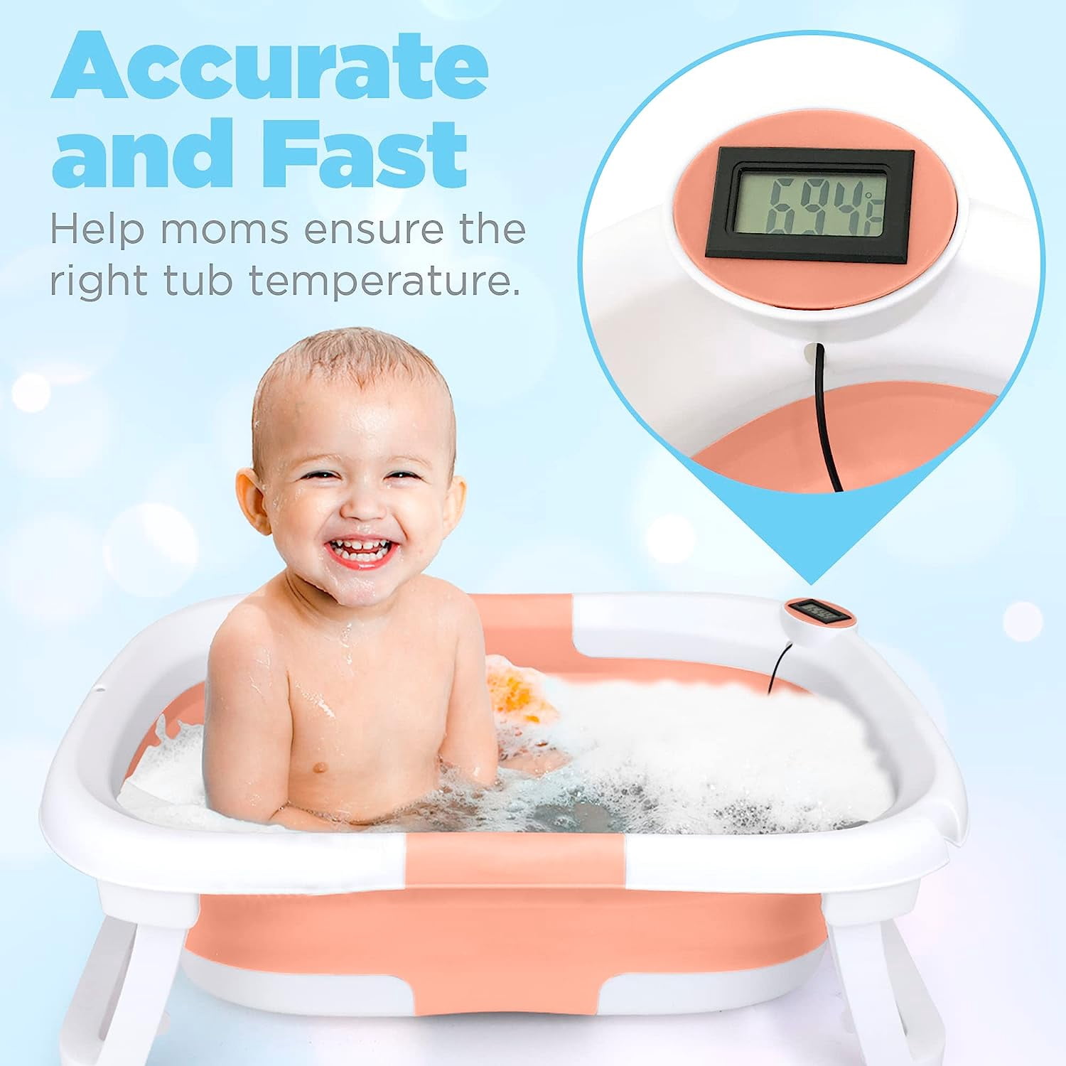 Prociv Foldable Baby Bathtub,Multifunctional Bathtub with Thermometer &Drain Hole, Baby Bathtub for Toddler 0-36 Month Pink (with Net)