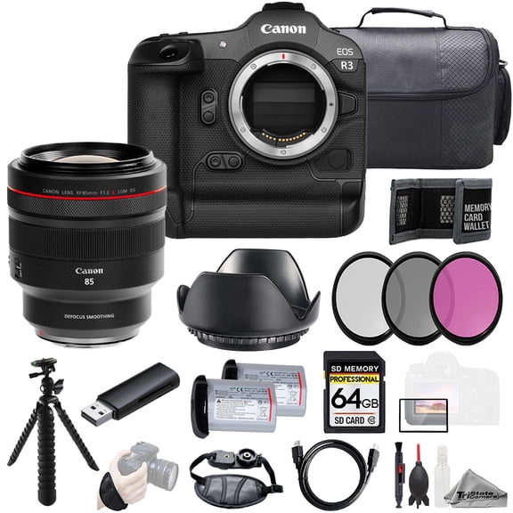 Canon EOS R3 Camera   RF 85mm f/1.2 L USM DS Lens  64GB   Ext Bat  3 PC Filter- Kit (International Version)