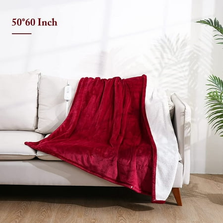 Electric Blanket Heated Throw with 4 Heating Levels & 3 Hours Auto Off, Double-Sided Soft Flannel Blanket 50'' x 60'' with Fast Heating & Machine Washable, Home Office Use, Red