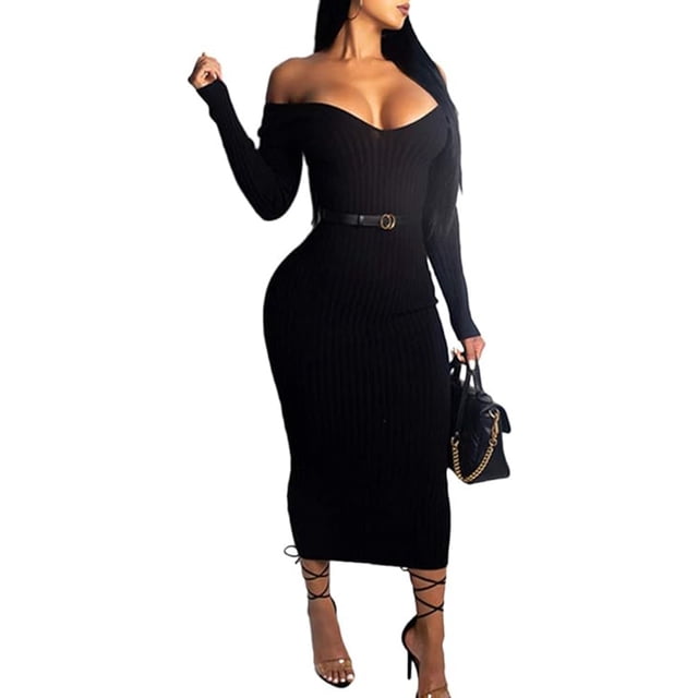 Vestido tipo jersey para mujer, vestido de punto, vestido de moda, manga larga, hombros descubiertos, escote en V, vestido de fiesta liso, vestido deportivo informal, vestido tipo jersey