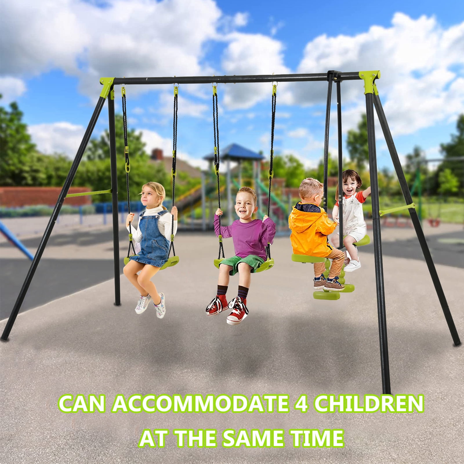 iRerts Outdoor Swing Sets for Kids, 3 in 1 Metal Swing Set with 2 Single Swings and 1 Swing Glider, Kids Playground Set for Backyard Garden Park, Kids Backyard Swing Set for Boys Girls
