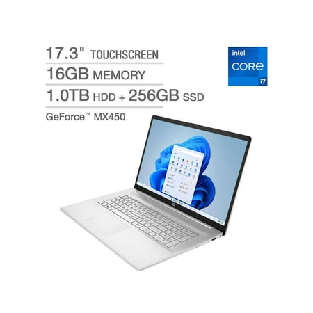 HP 17.3" Touchscreen Laptop - 11th Gen Intel Core i7-1165G7, 16GB RAM, 1TB SATA Hard Drive with 258GB SSD, GeForce MX450 Graphics, Windows 11, Silver - 17-cn0075cl