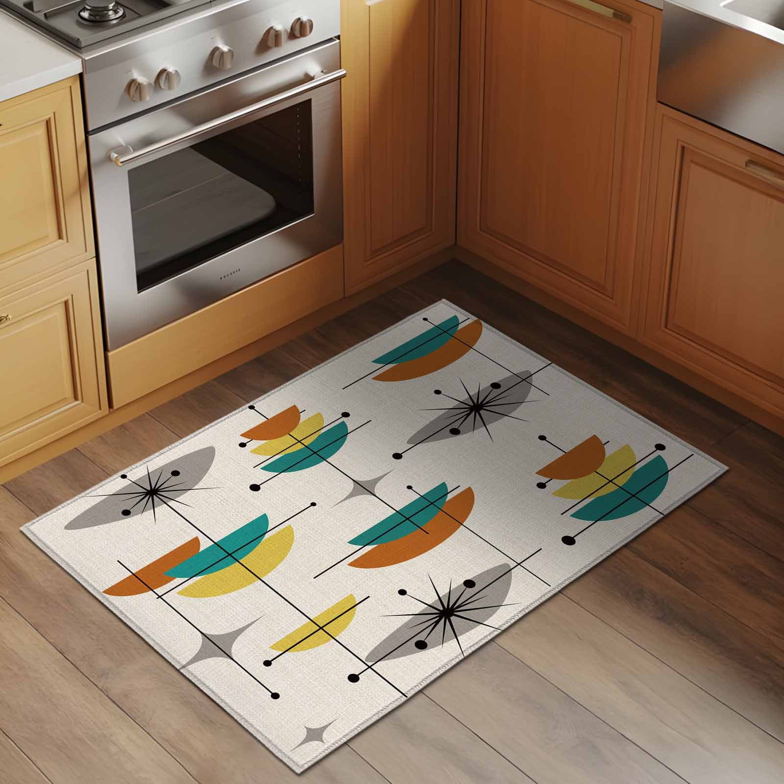 Boho Modern Area Rugs 2x3 for Living Room, Middle Century Teal Yellow Orange Geometric Non Slip Washable Rug Runner, Low Pile Indoor Floor Carpet Mat Bathroom Rugs for Bedroom, Kids Room