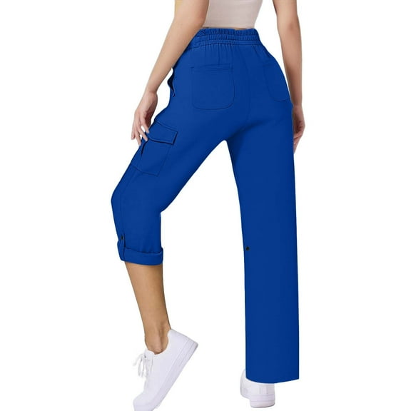SYMOID Womens Blue Cargo Pants | 100% Polyester, Lightweight, Elastic Waist, Multi-Pockets, Wrinkle Resistant,Size 2XL