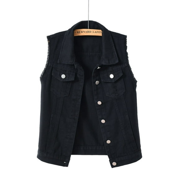 MPWEGNP Multi Color Denim Vest Female Short Spring And Summer Slim Thin Burlap Sleeveless Shoulders Broken Holes Vest Jacket Black 2XL