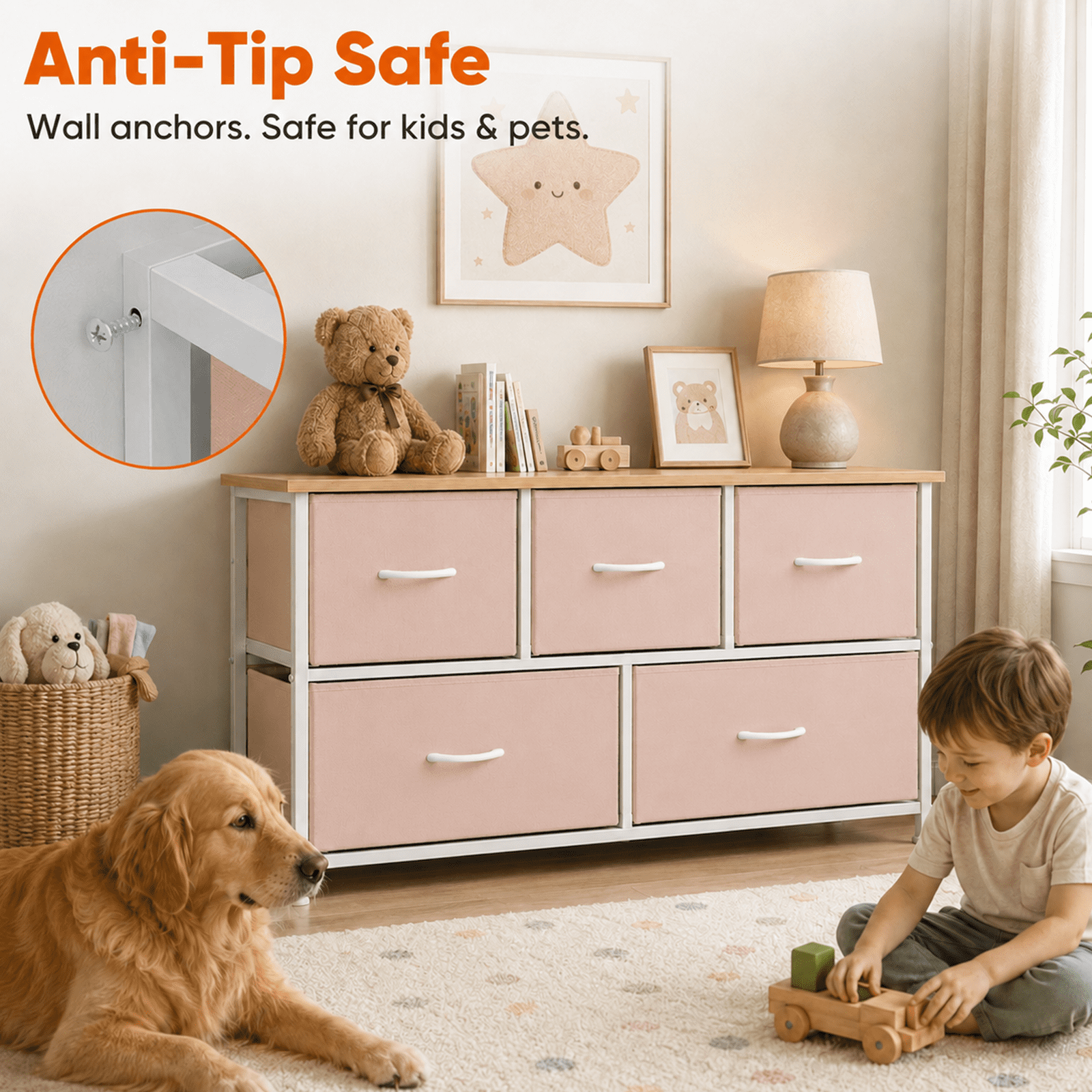 Alvantor Dresser for Bedroom with 4/5 Storage Drawers, Dressers Chest of Drawers Fabric Dresser with Sturdy Steel Frame, Wooden Top Cabinet Night Stand Dresser for Closet