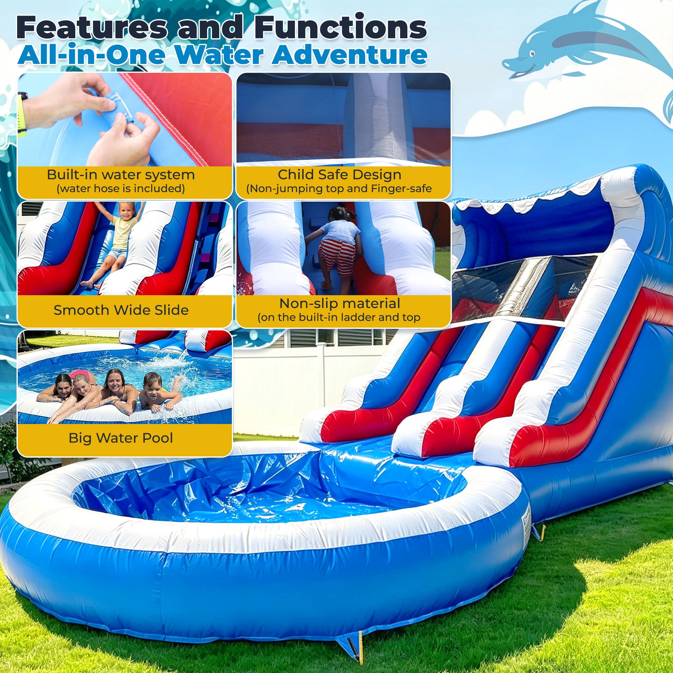 Relunch 24FT(L) Commercial PVC Inflatable Water Slide for Kids(Without Blower) Inflatable Water Slide for Summer Fun Backyard 24x 13x12Ft