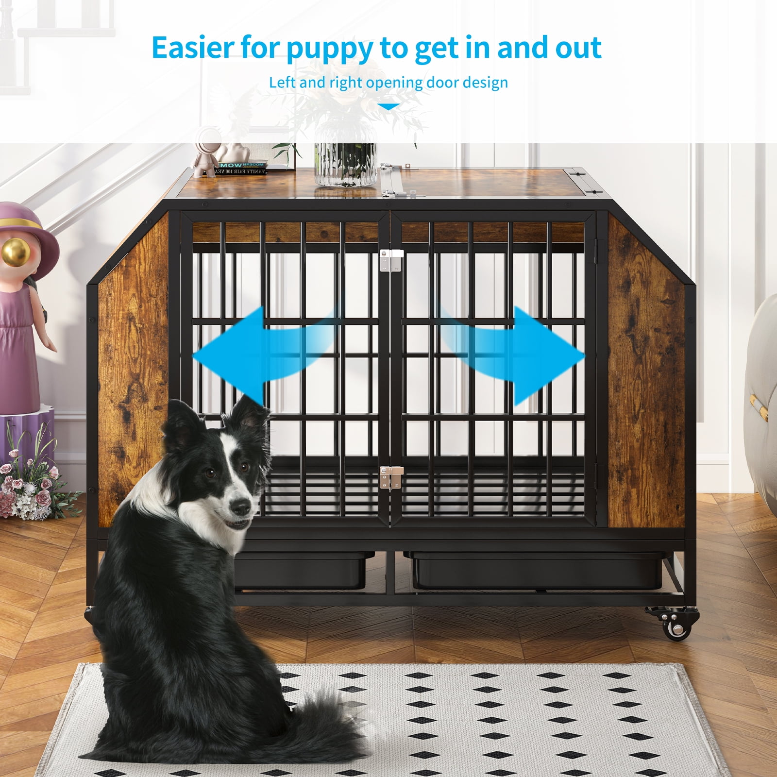 TABU 42" Furniture Style Dog Crate, Wooden Dog Kennel, Heavy Duty Dog Crate with Lockable Wheels, Rustic Brown