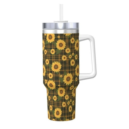 

Cauagu Vintage Plaid Sunflower Print Stainless Steel Vacuum Insulated Tumbler 40oz Water Bottle with Handle & Flip Straw Reusable Travel Coffee Mug for Women & Men