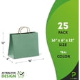 thumbnail image 2 of Bolsas de papel Kraft verde azulado de 16" x 6" x 12" a granel. Paquete de 25 bolsas grandes para compras con asas. Bolsas de papel recicladas artesanales sin logotipo para pequeñas empresas; venta, 2 of 6