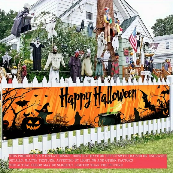 1pc 2D flat banner Witch Brew Halloween Banner - Horror Party Decoration Witch Brew Halloween Banner Enhance your Halloween celebration. A terrifying Halloween scene featuring witches, big POTS and p