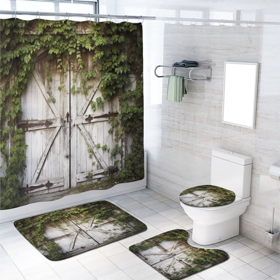 Rustic Wooden Barn Door 4 Pcs Shower Curtain Set Farmhouse Country Vintage Green Leaves with Toilet Lid Cover, Bath Mat, Shower Curtains for Bathroom Rug Set, 72x72 Inch