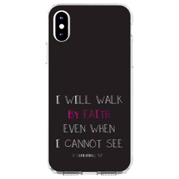 DistinctInk Clear Shockproof Hybrid Case for iPhone XR (6.1" Screen) - TPU Bumper, Acrylic Back, Tempered Glass Screen Protector - 2 Corinthians 5:7 - I Will Walk By Faith Even When I Cannot See