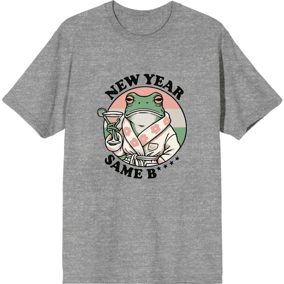 New Year, Same B**** Frog With Cocktail Adult Heather Gray Crew Neck Short Sleeve Tee-Medium