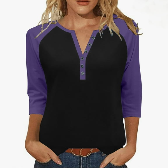 Womens Summer Henley Shirt, 3/4 Sleeve Shirts for Women Casual Vintage Color Patchwork Button Up Notch V Neck T Shirts S-3XL