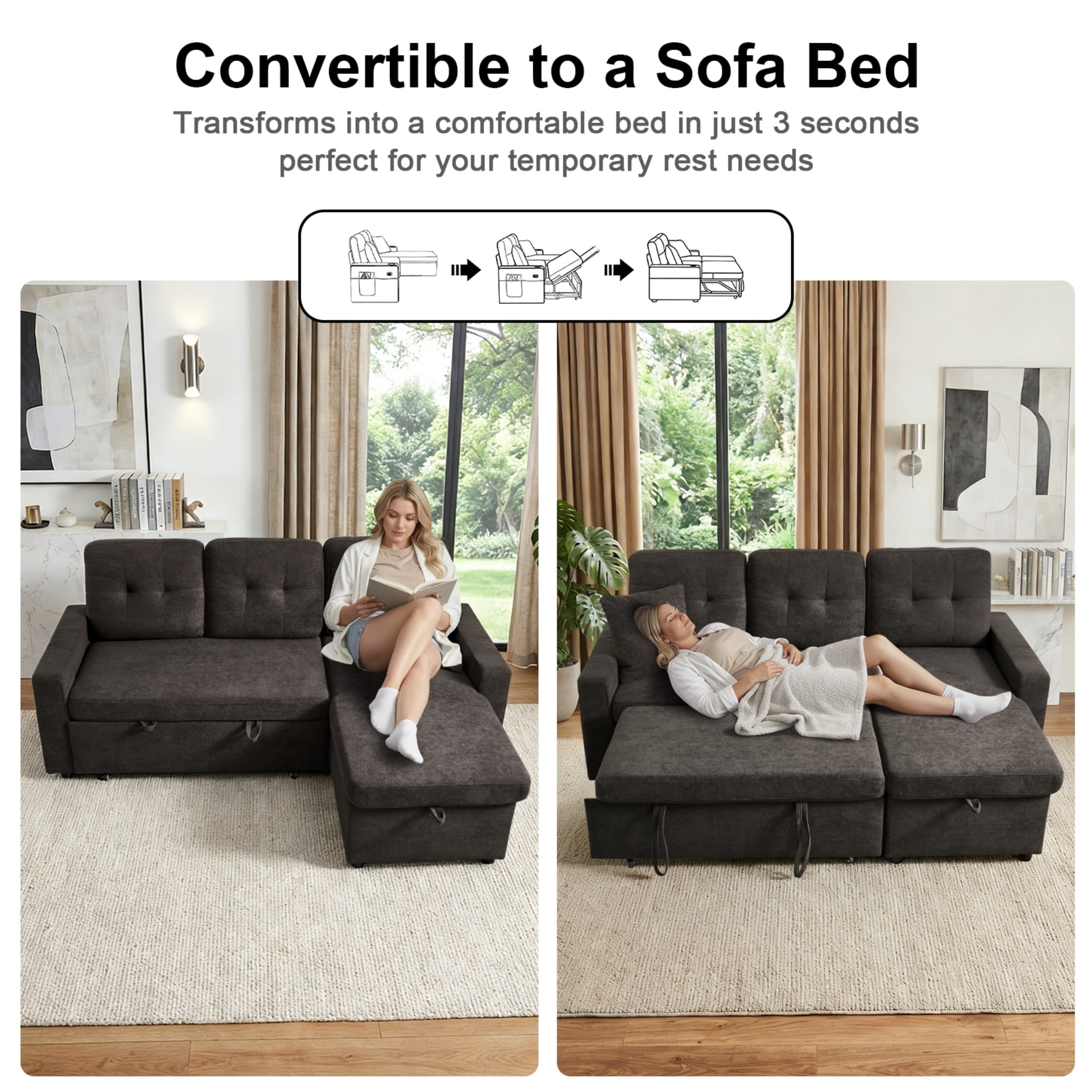 ShiKeyi 82" L Shaped Sleeper Sofa Bed, Sectional Sleeper Couch with Pull Out Bed, 3 Seat Convertible Sofa Bed with Storage Chaise, USB Charging Ports for Living Room, Dark Grey Terry Cloth