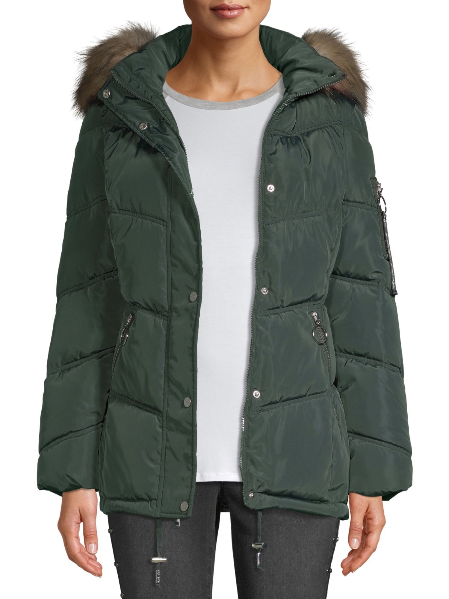 womens long padded jacket with fur hood