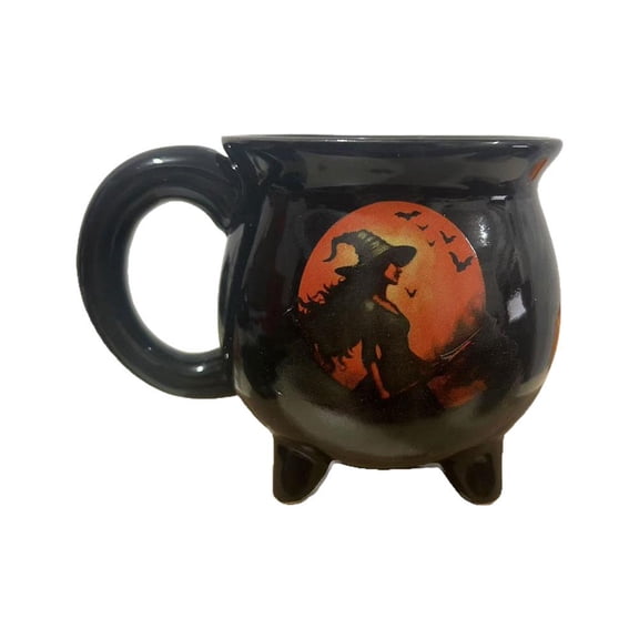 IFRINID Halloween Witch Cauldron Mug, Black Ceramic Coffee Cup with Witch and Moon Design for Halloween Party and Home Decor