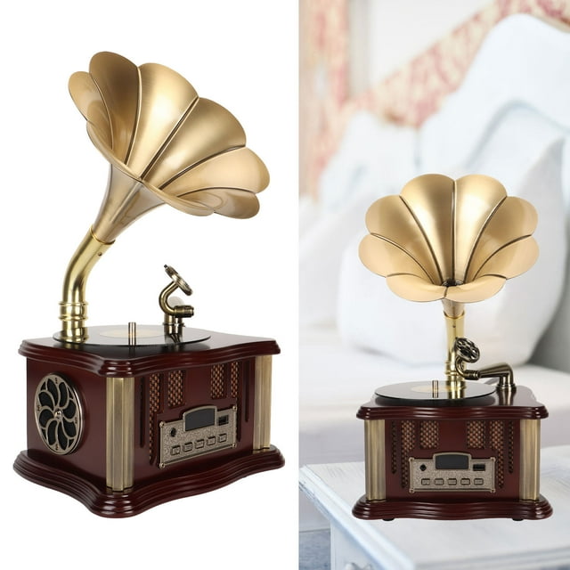 Haut-parleur Gramophone, Haut-Parleur Phonographe Vintage Télécommande Double Haut-Parleurs pour Cellulaire