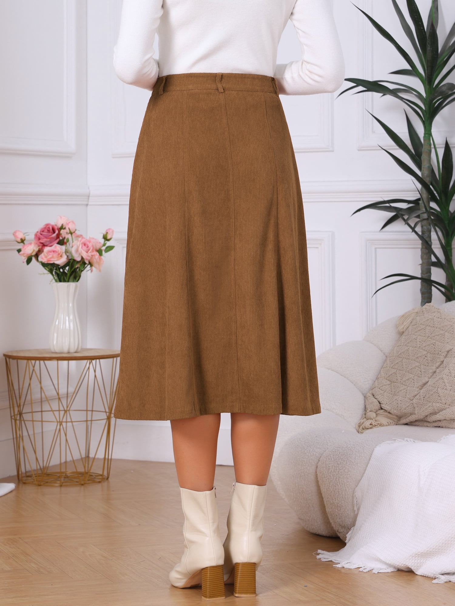 DARING DIVA Women's Corduroy A Line Midi Button Down Pockets Skirt M Brown