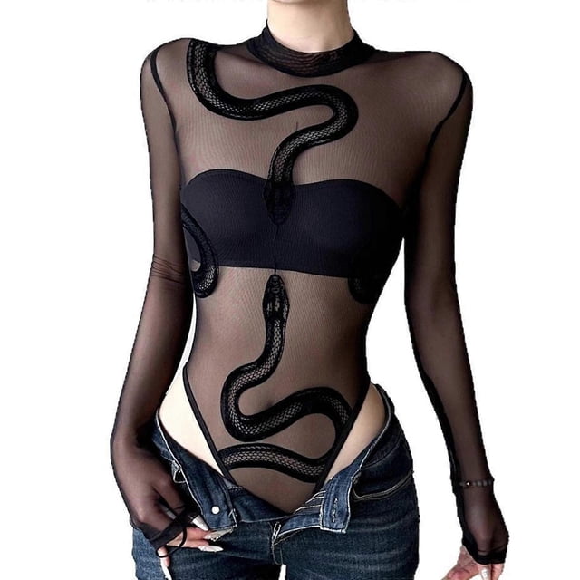 Women’s Long Sleeve Mock Neck Bodysuit Tops Snake Sheer Mesh Slim Fit Stretchy Bodysuit Top Bodycon Jumpsuits Gifts L