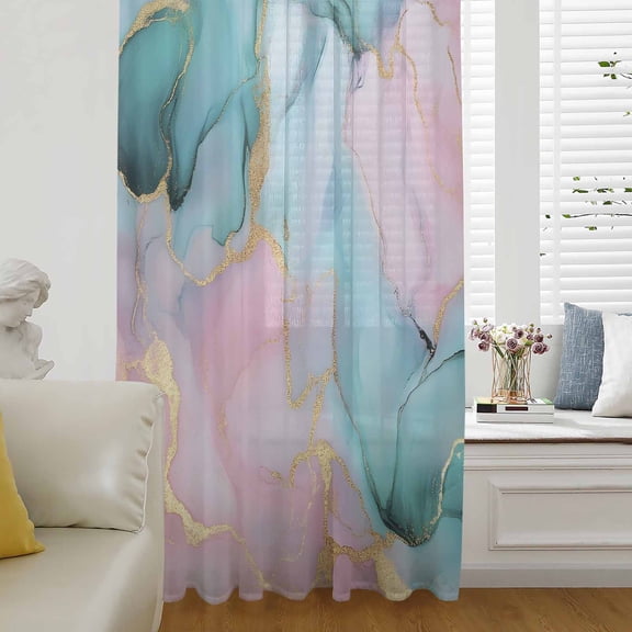 Teal Pink Marble Semi Sheer Curtains Drapes for Living Room, Bedroom, French Doors Window 63 Inches Long, Abstract Ink Painting Modern Luxury Rod Pocket Chiffon Curtain Drapery Voile Draperies Panel