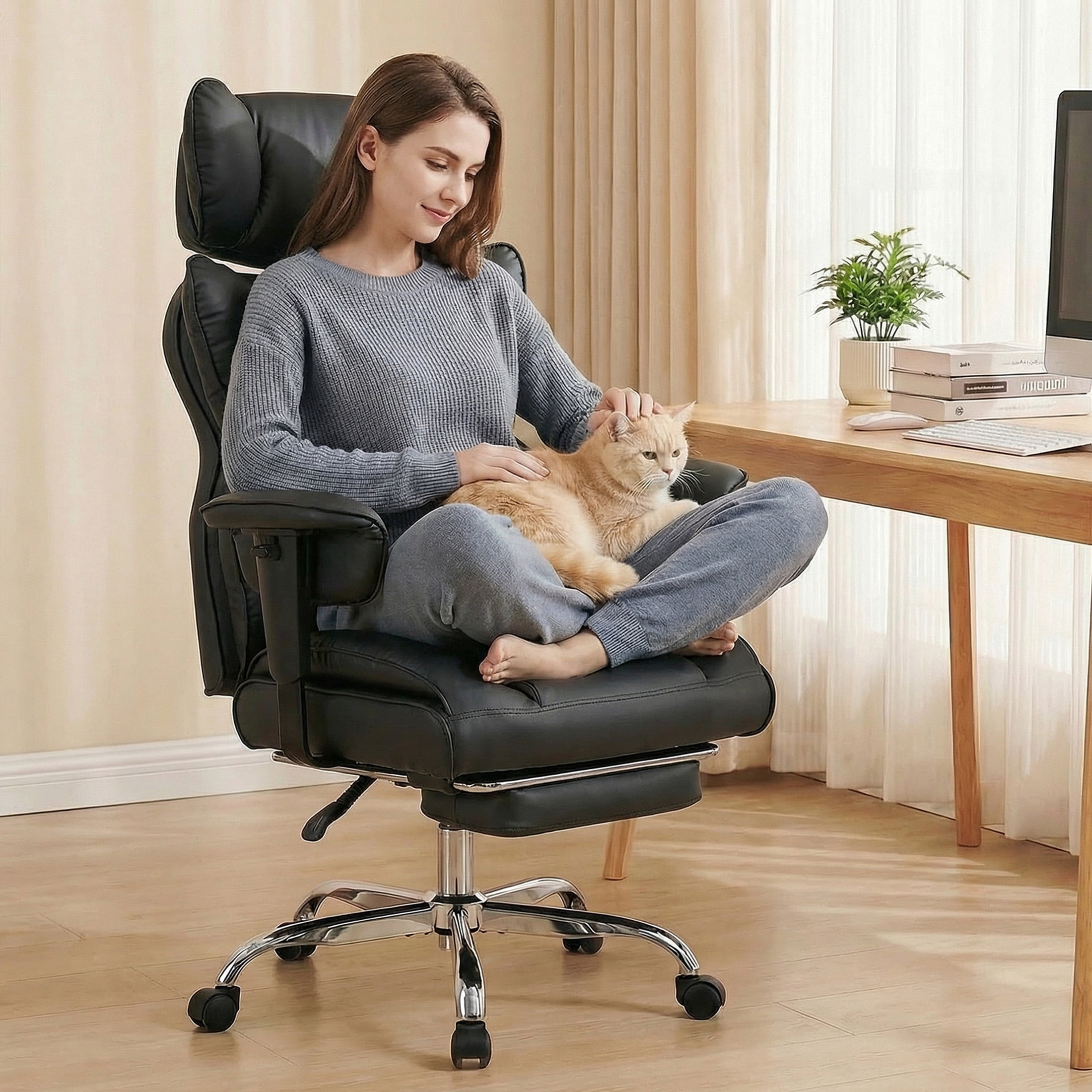 EDX Big and Tall Home Office Chair with Adjustable Armrests and Footrest,PU Leather Excutive Computer Chair with Wide Seat,Desk Chair with Ergonomic Lumbar Support,Black