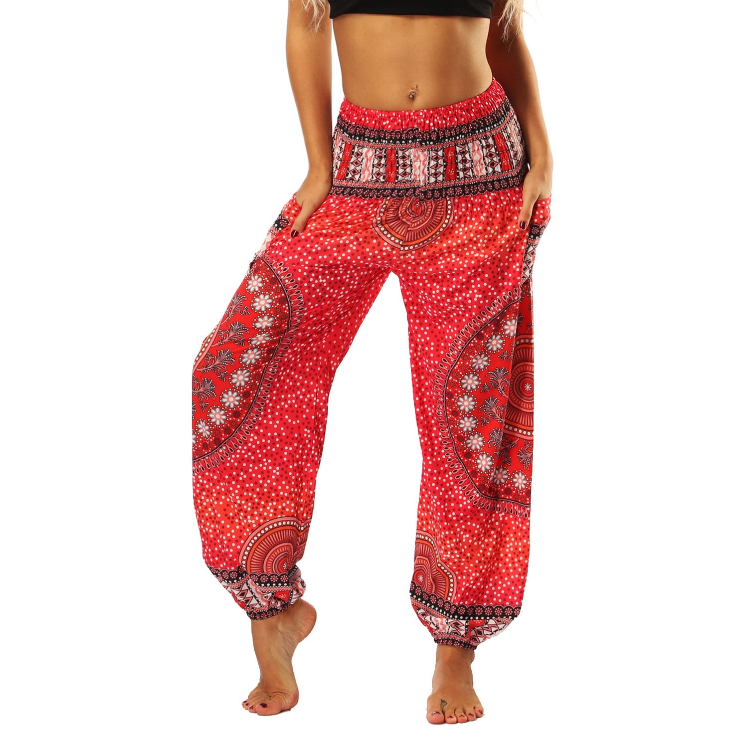Lu's Chic Women's Boho Pants Harem Smocked Waist Yoga Hippie Palazzo
