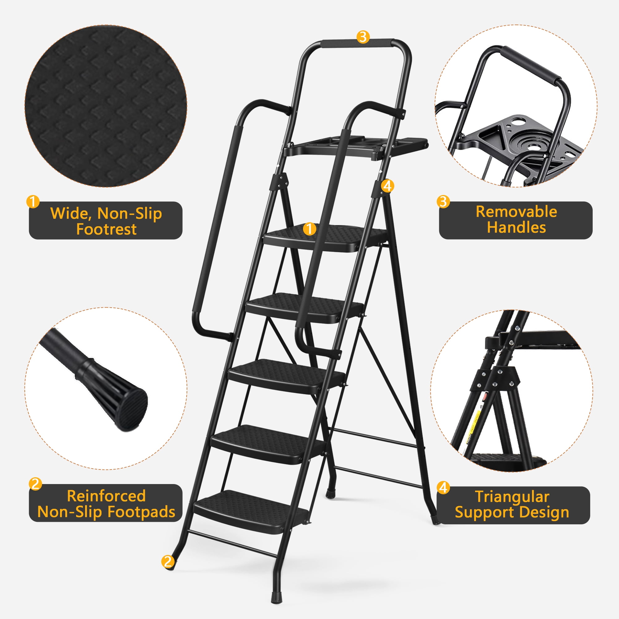 LevLad 5 Step Ladder with Tool Tray, Step Stool with Safety Lock, Non-Skid Wide Steps, Handrails, Household Folding Ladder for Home, Garden, Painting, Outdoor, Garage, Black