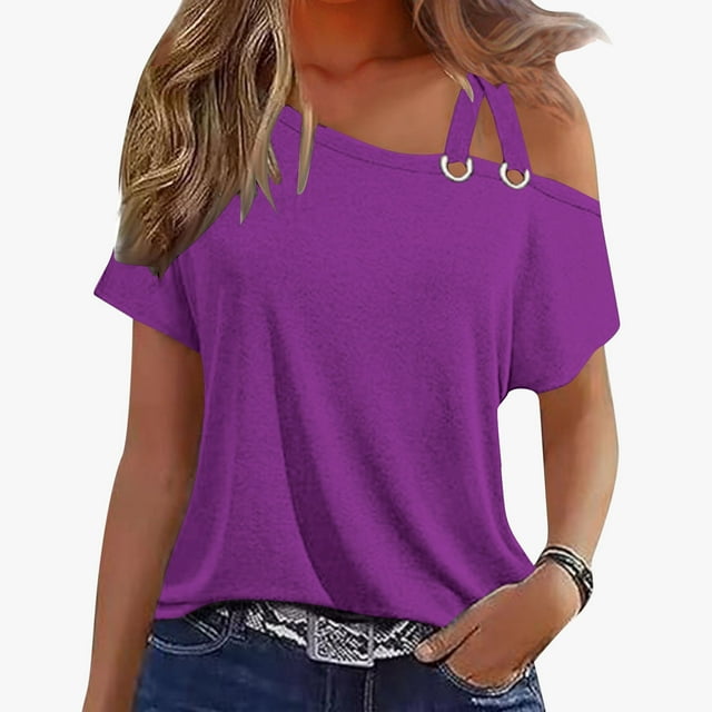 UPPADA Chemises d'Été Tendance pour Femmes Col Rond Épaules Dénudées Hauts Couleur Unie Mode Décontractée Ajustée pour Entraînement Violet,TTG