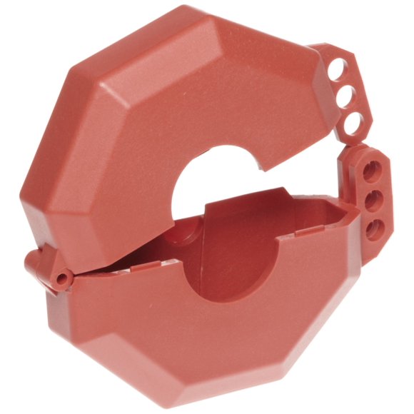 Accuform KDD471 Bloqueo de válvula de compuerta STOPOUT se adapta a mango de válvula de diámetro de 2-1/2" a 5" carcasa de plástico con bisagras, color rojo