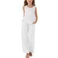 thumbnail image 2 of UACY Girls Cotton Linen Shorts Set Kids Two Piece Outfits Cute Sleeveless Sweatsuit Summer Tank Tops Wide Leg Pants Set, 2 of 7