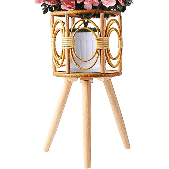 Rattan Plant Stand Handmade Wooden Floor Rack for Flowers Succulents Indoor Outdoor