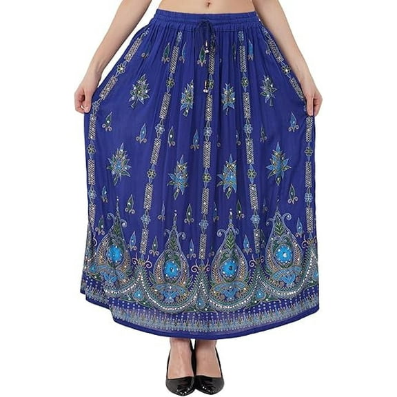 Women's Tie Dye Yoga Skirt with Sequined Crinkle Broomstick Gypsy Design Sky Blue