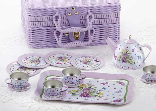 HearthSong 15-Piece Fairy-Themed Tin Tea Set with Carrying Case 