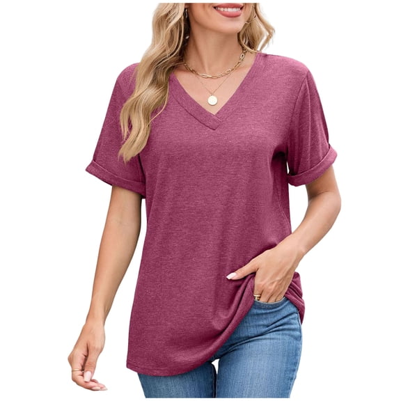 Enjoytime Short Sleeve Shirts for Women Solid Color V-Neck Casual Tops Summer Loose Casual Blouse Beach Vacation Clothes Wine L
