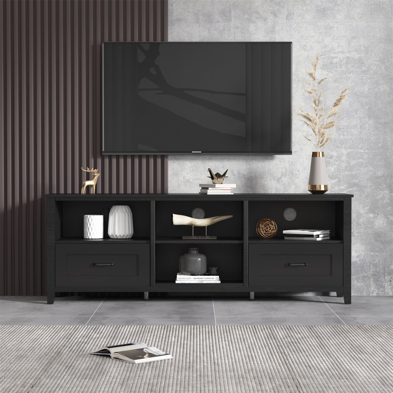 Kadyn 70.08 Inch Length Black TV Stand, Particle Board Tv Stand Console for Living Room, Modern TV Cabinet with 2 Drawers and 4 High-Capacity Storage Compartment