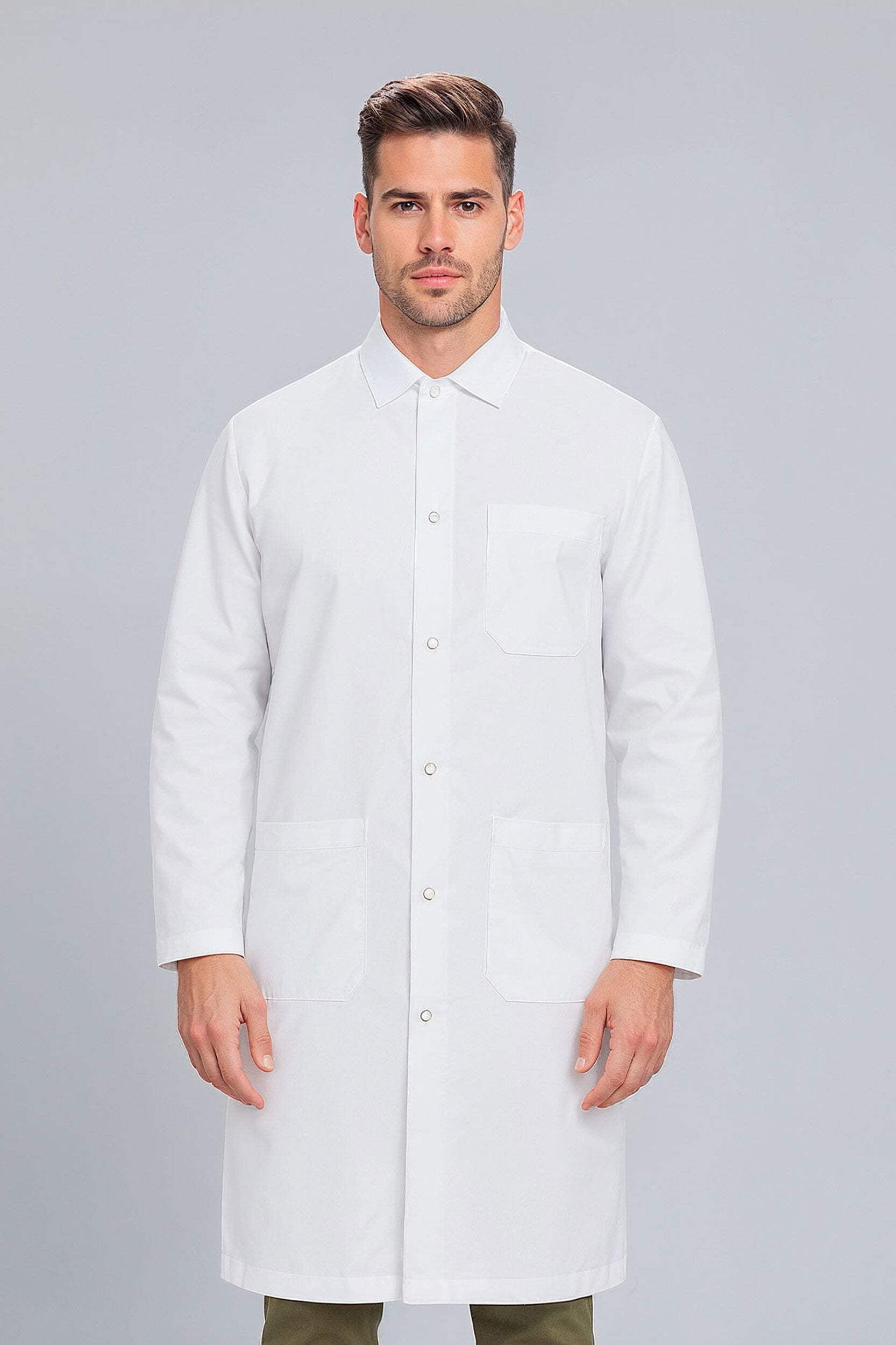 DR Instruments Snap Closure Knee Length Lab Coat, 100% Cotton