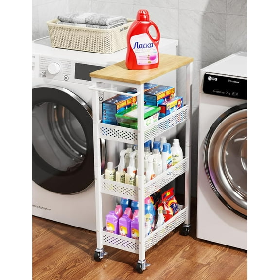 Utility Slim Storage Cart, 4-Tier Narrow Bathroom Organizers and Storage Cart, Narrow Metal Kitchen Laundry Room Organization Shelf with Wood Top, Slim Rolling Carts with Wheels for Small Space