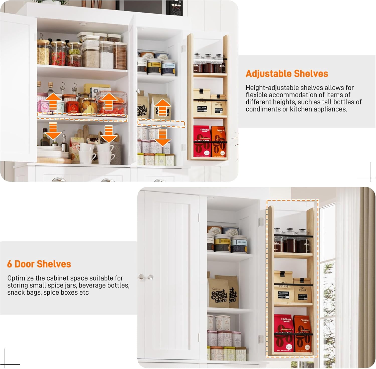 ChVans 71" Tall Kitchen Pantry with 6 Doors, Storage Cabinet with 2 Large Drawer 6 Hanging Shelves, Freestanding Cupboard for Dining Room Living Room