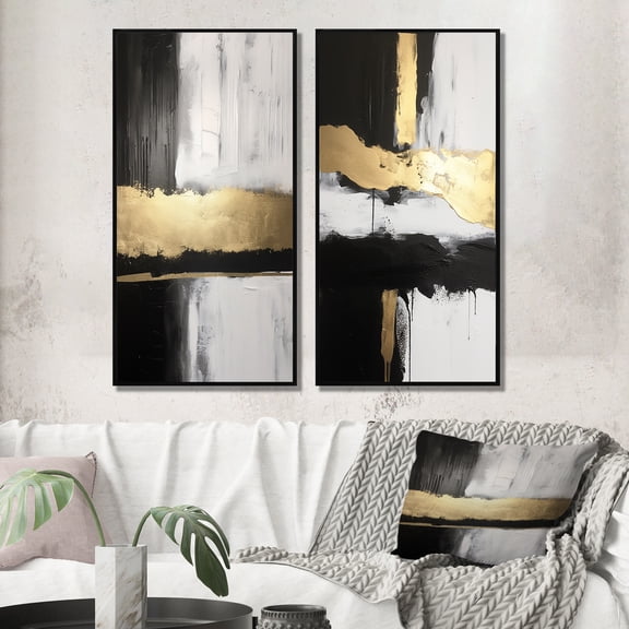 Designart "Horizontal Perspectives Abstract in Gold and Black IV" Abstract Painting Framed Wall Art Set Of 2 - Modern Gold Framed Canvas Set For Living Room Decor