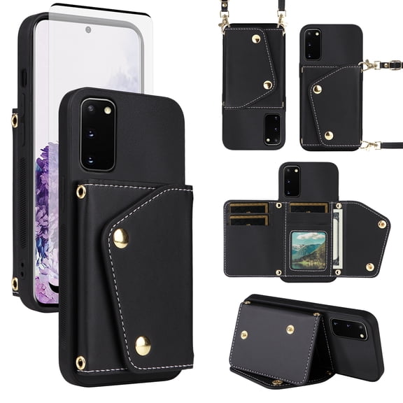 Furiet Wallet Case for Samsung Galaxy S20 5G 6.2 inch with Tempered Glass Screen Protector Slim Flip Purse Shoulder Strap, Card Holder Stand Phone Cover for S 20 20S UW S2O G5 Women Men Black