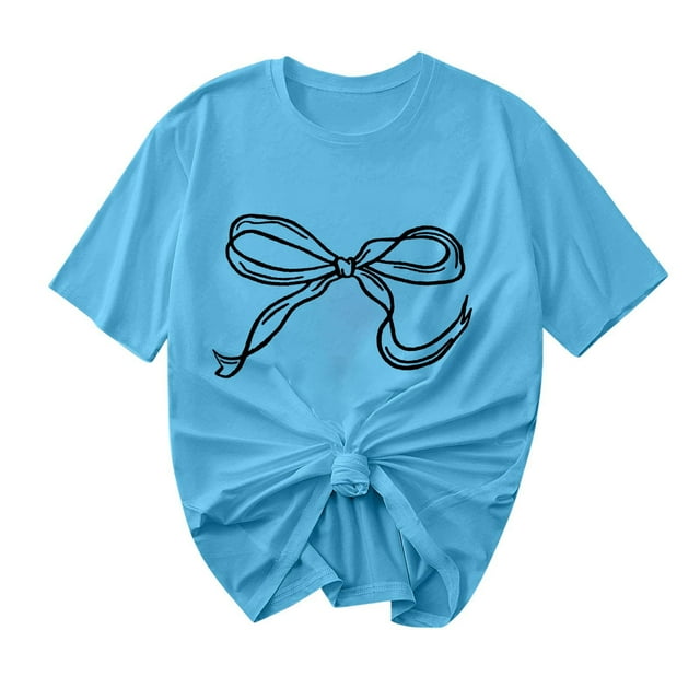 Primavera Top Mujeres Moda Casual Nueva Cinta de Arco Impresa Cuello Redondo Camiseta de Manga Corta, Camiseta de Cuello Tripulado