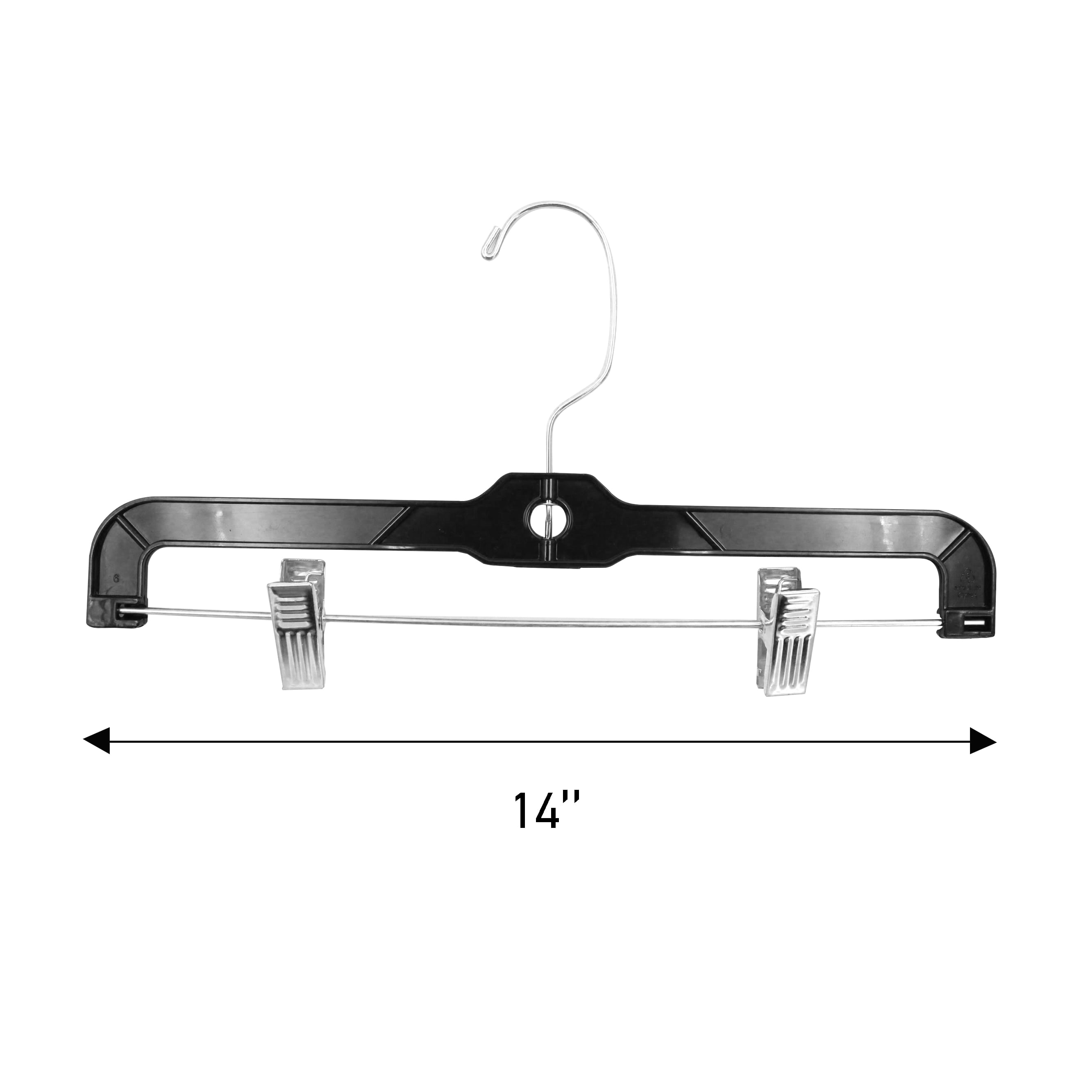 SSWBasics 14-Inch Black Plastic Skirt and Pants Hangers - Pack of 20 with Chrome Swivel Hook  Padded Clips - Perfect for Retail and Home Use  Holds Up To 6 Pounds