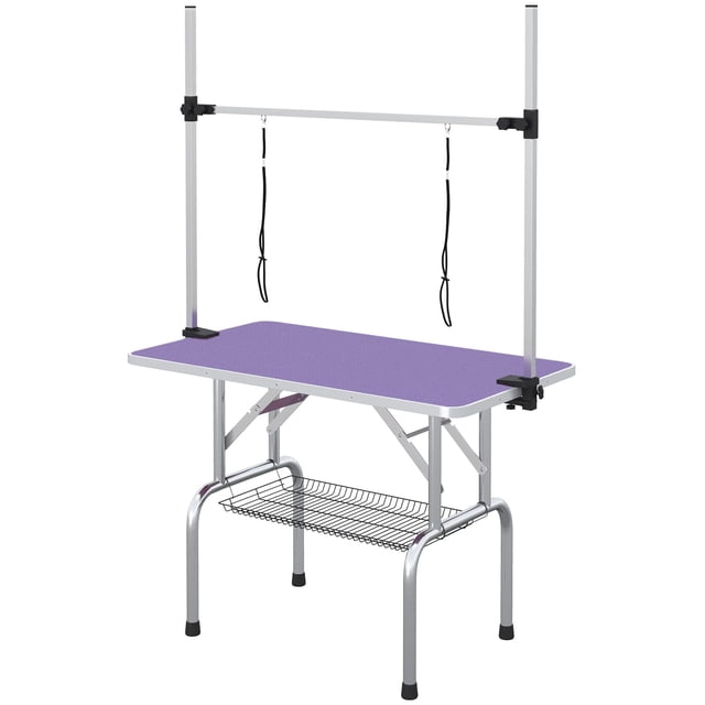 Adjustable Purple Dog Grooming Table with Slings & Storage - 43" x 23.5" - Ideal for Pet Washing, Trimming & Bathing at Home or Grooming Salon